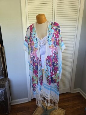 Woven Heart Boho Floral Crochet Trim Tunic Cover Up  Multicolor Fringe M
